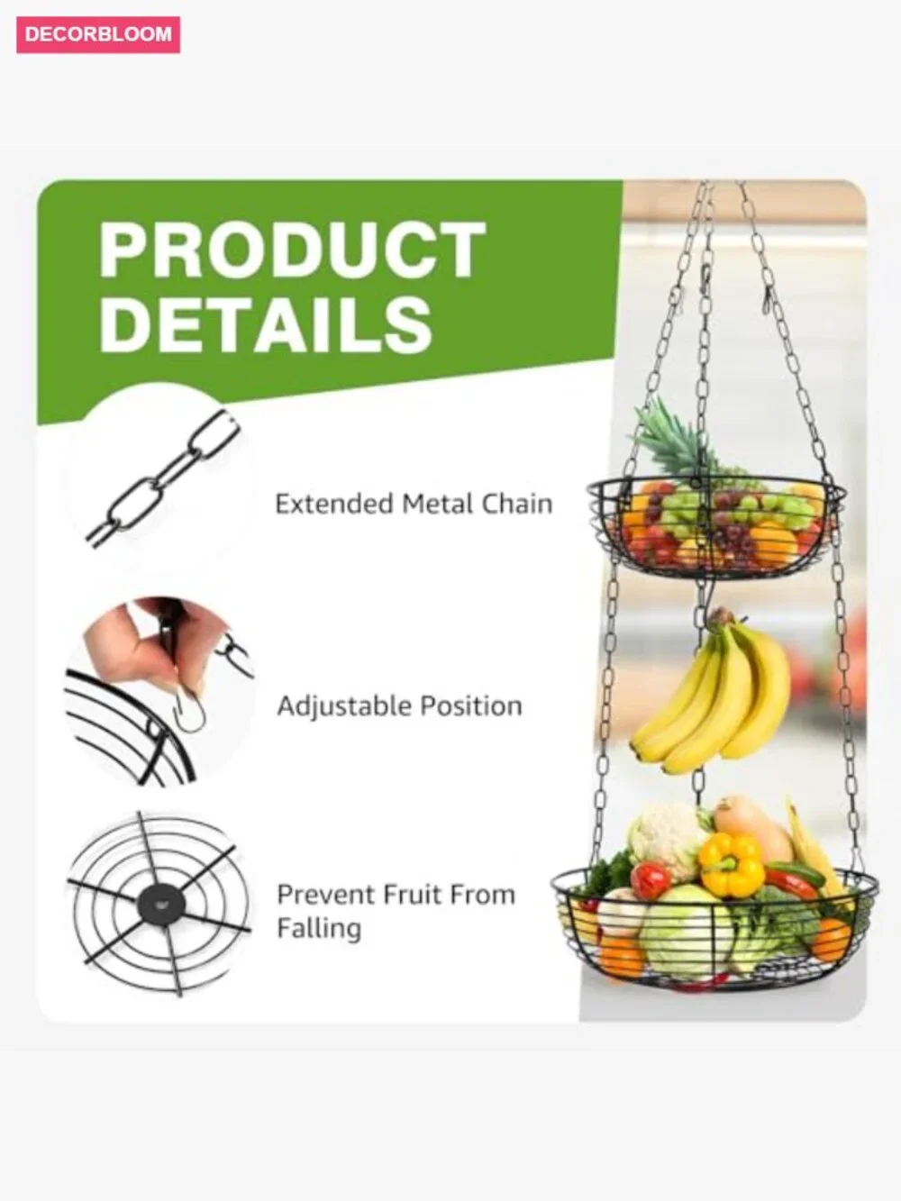3 Tier Hanging Fruit Basket with Banana Hook, Heavy Duty Wire Kitchen Storage